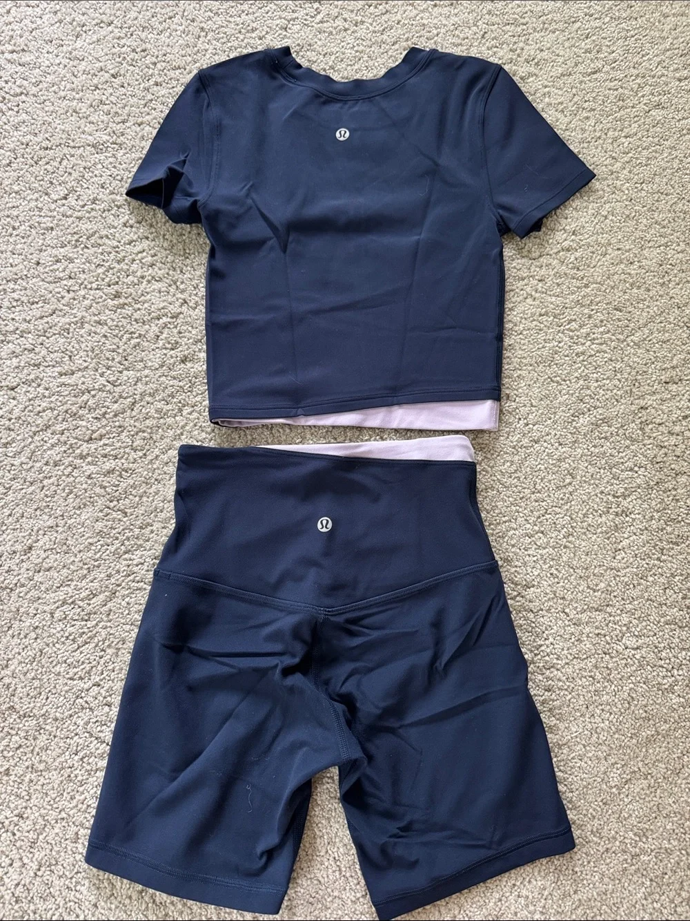 LULULEMON Navy Blue Purple Cropped Tee and Short Set 2/XXS - Picture 6 of 6